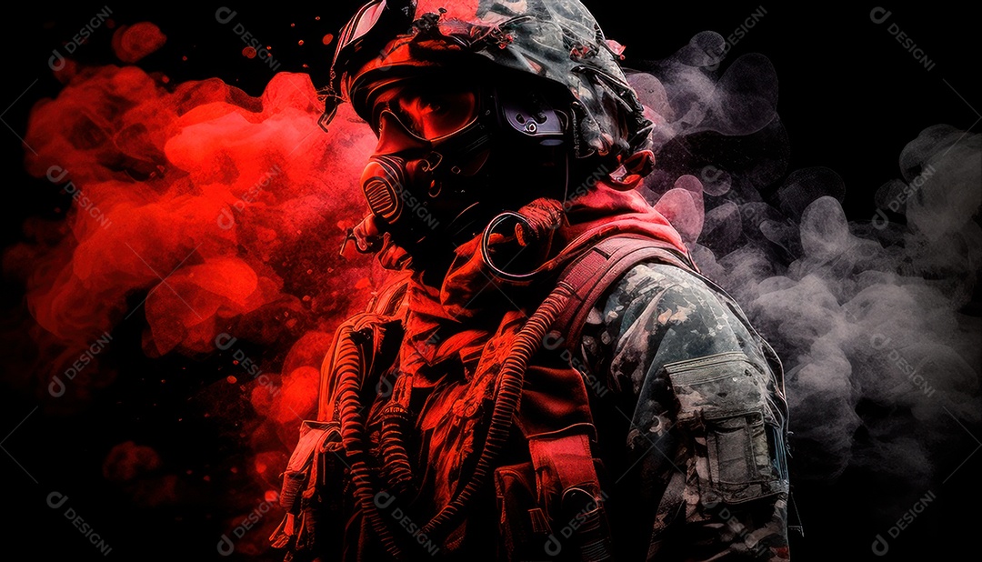 Jovem soldado usando máscara.