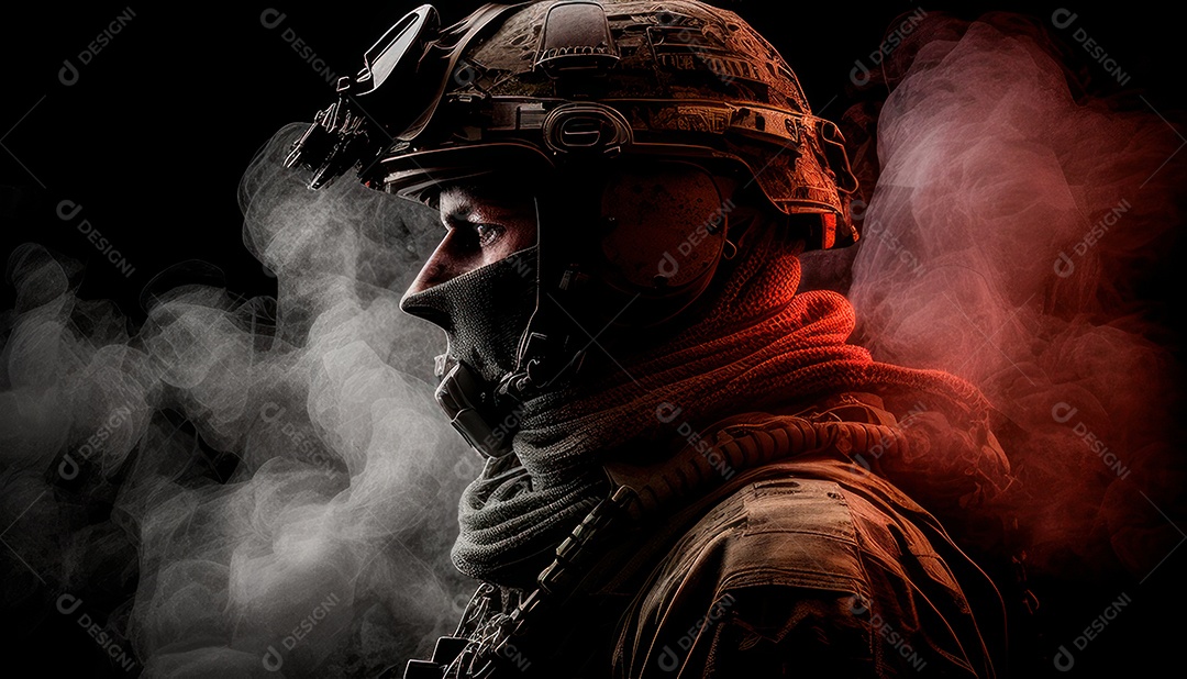 Jovem soldado usando máscara.