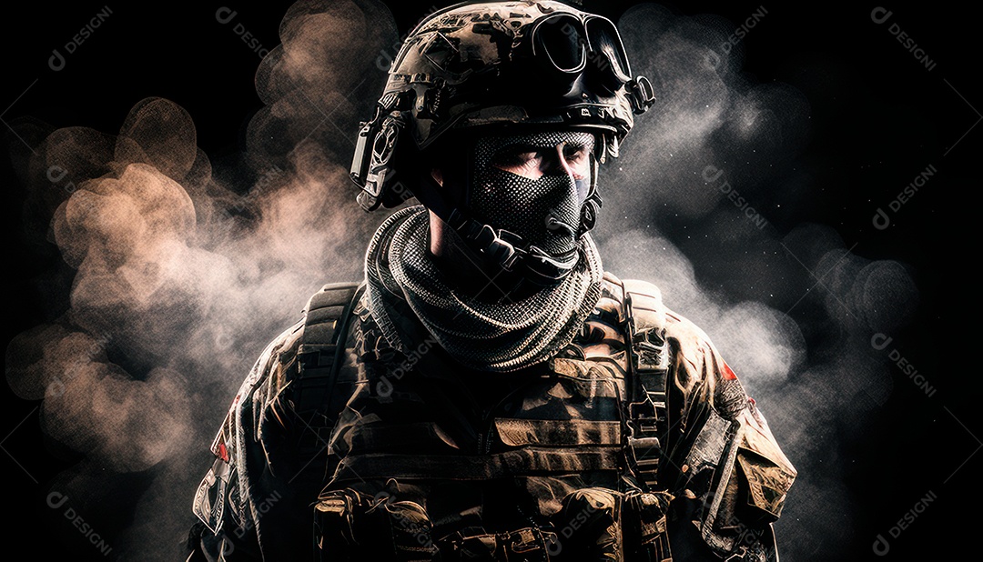 Jovem soldado usando máscara.