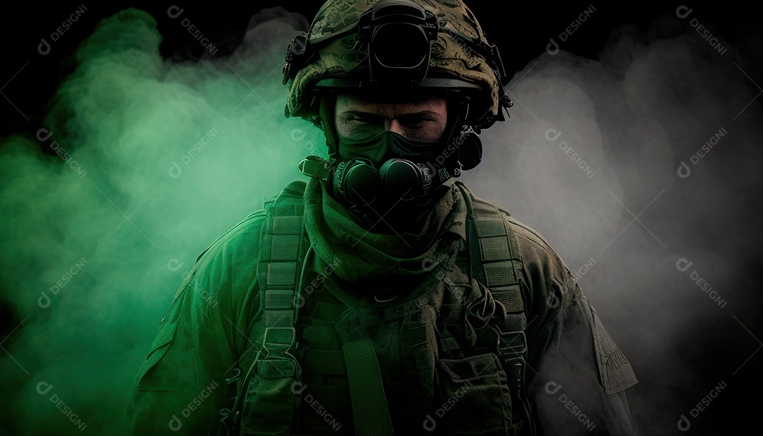 Jovem soldado usando máscara.