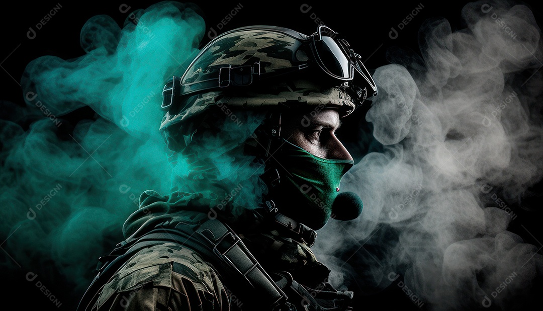 Jovem soldado usando máscara.