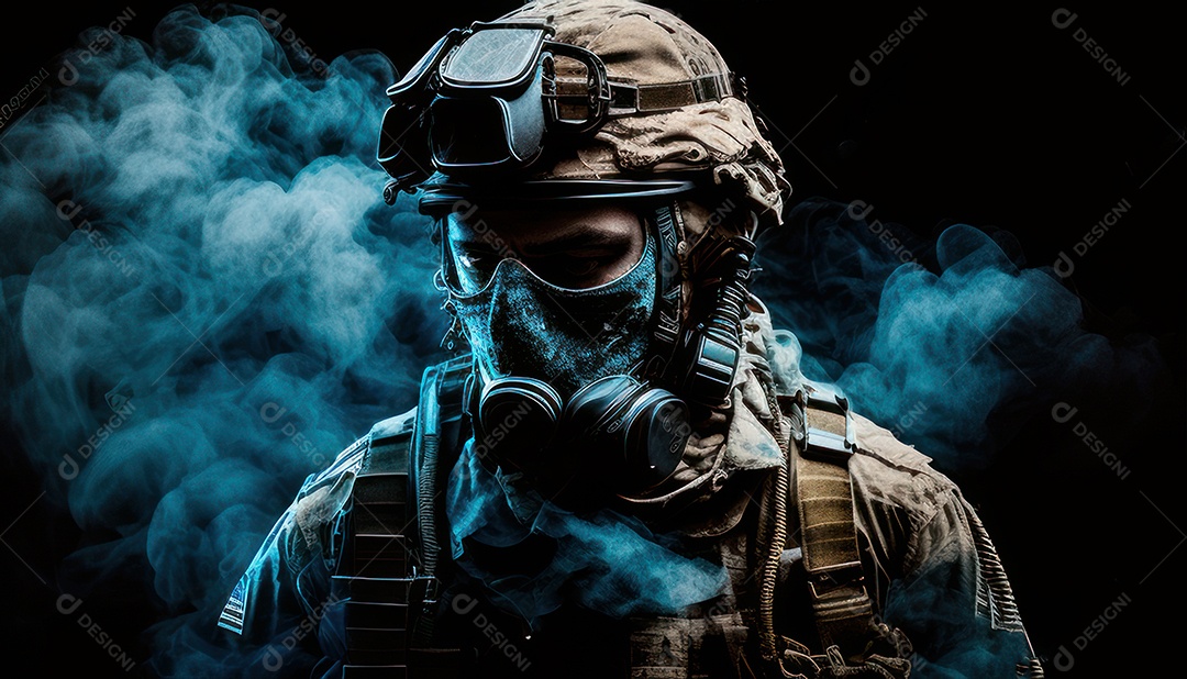 Jovem soldado usando máscara.