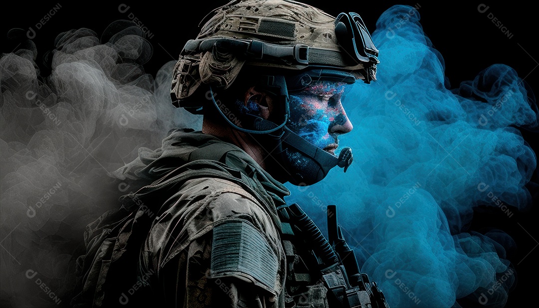 Jovem soldado usando máscara.