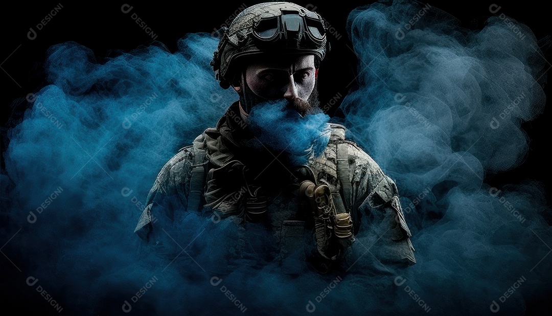 Jovem soldado usando máscara.