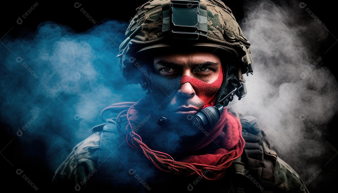 Jovem soldado usando máscara.