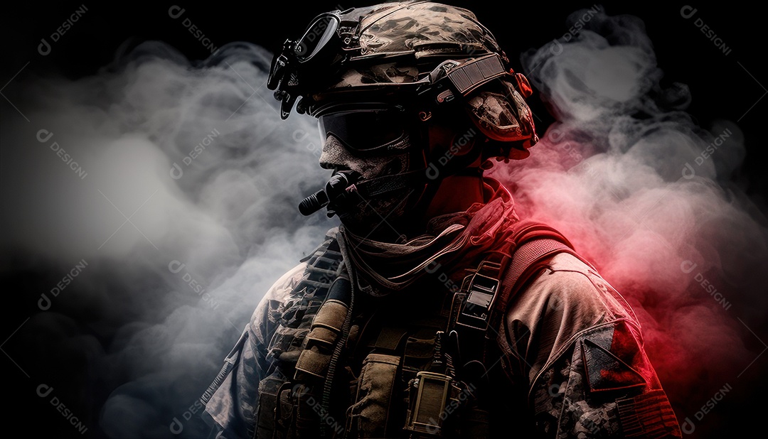 Jovem soldado usando máscara.