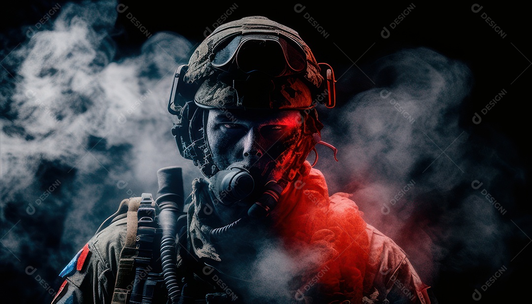 Jovem soldado usando máscara.