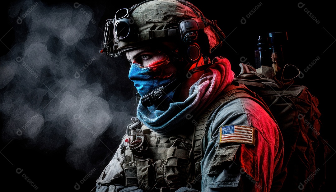 Jovem soldado usando máscara.