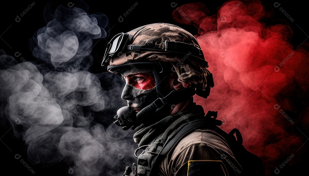 Jovem soldado usando máscara.