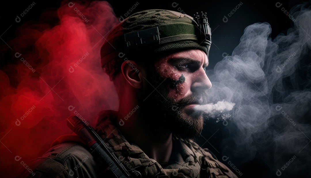 Jovem soldado usando máscara.