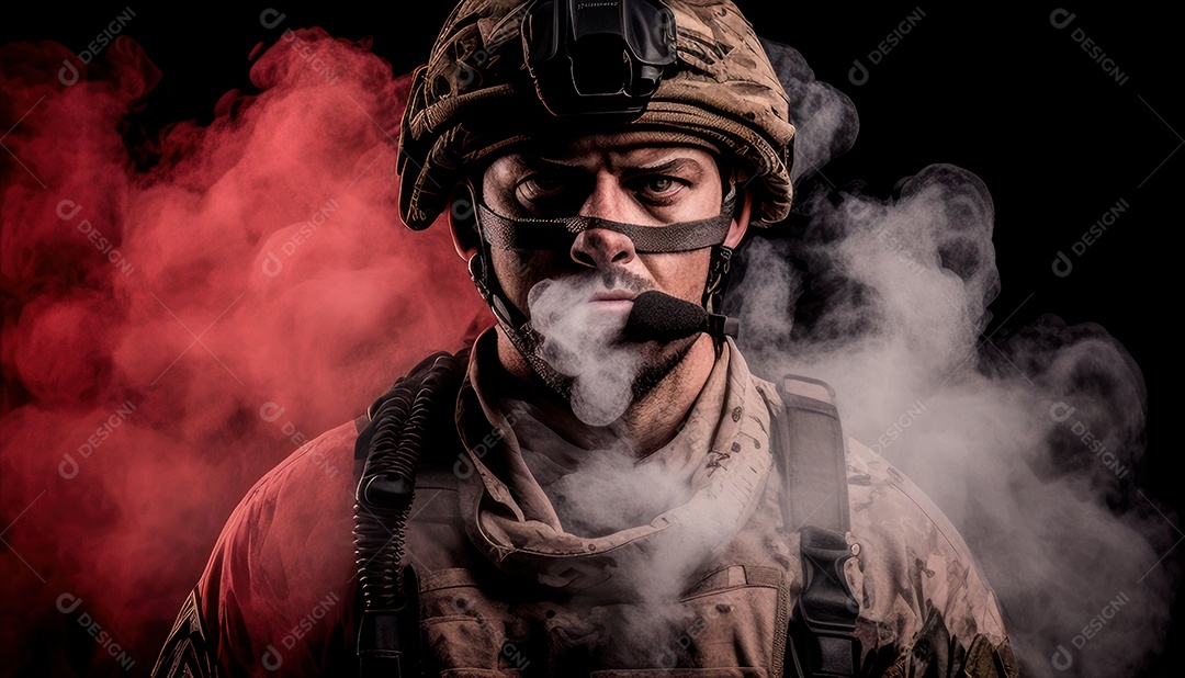 Jovem soldado usando máscara.