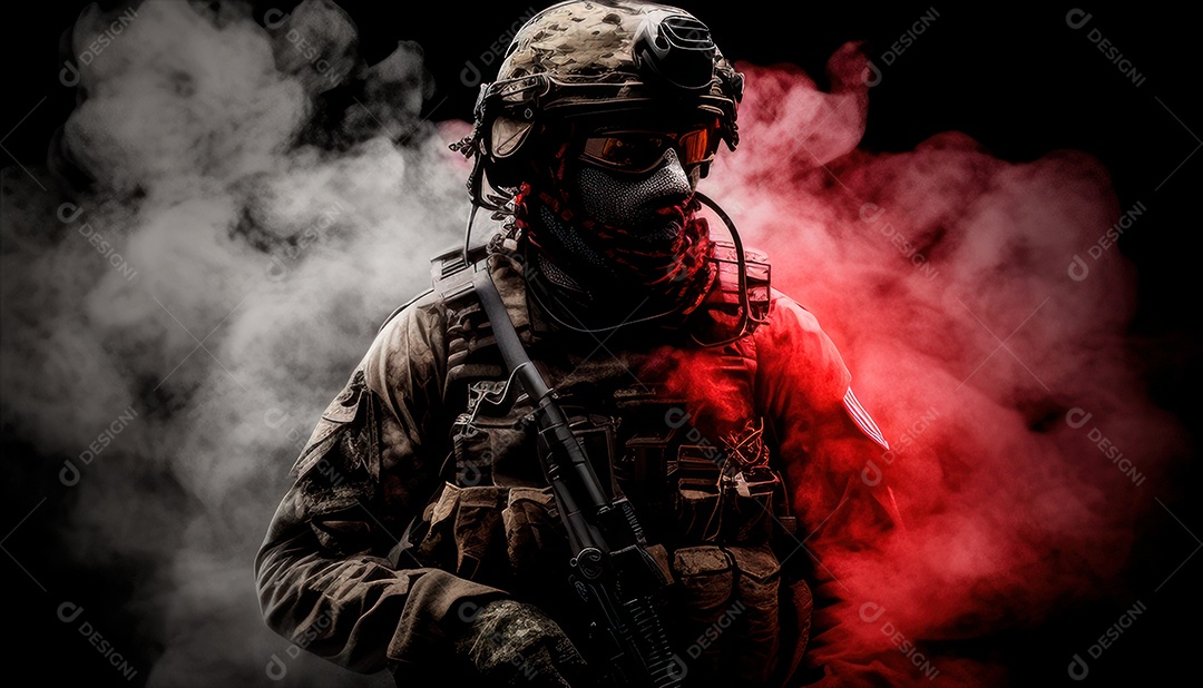 Jovem soldado usando máscara.