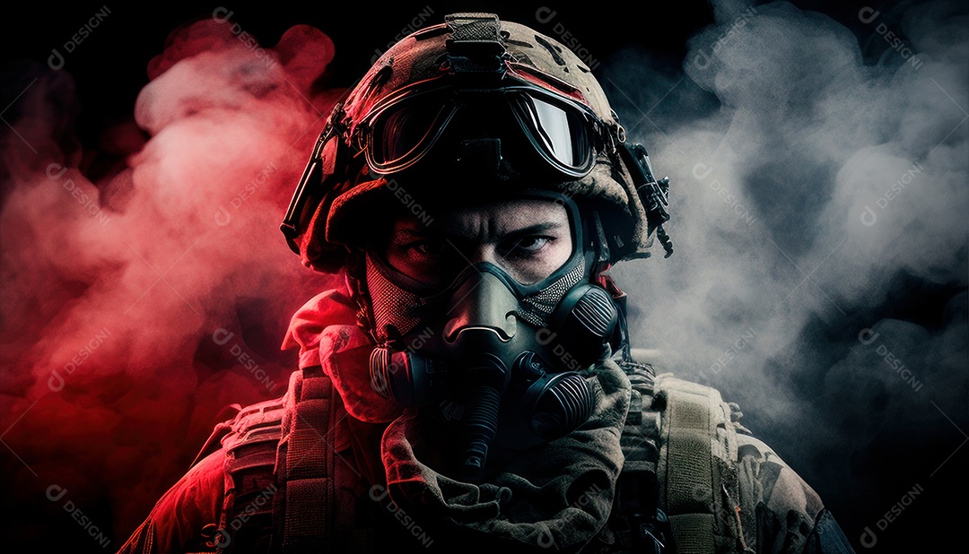 Jovem soldado usando máscara.