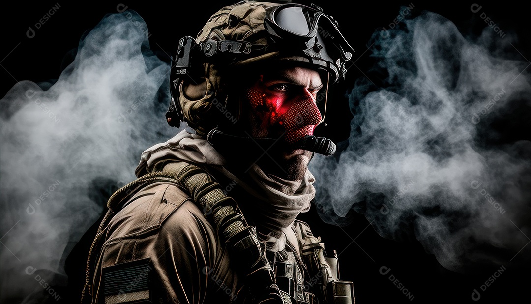 Jovem soldado usando máscara.