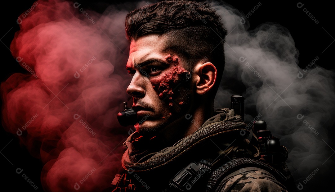 Jovem soldado usando máscara.