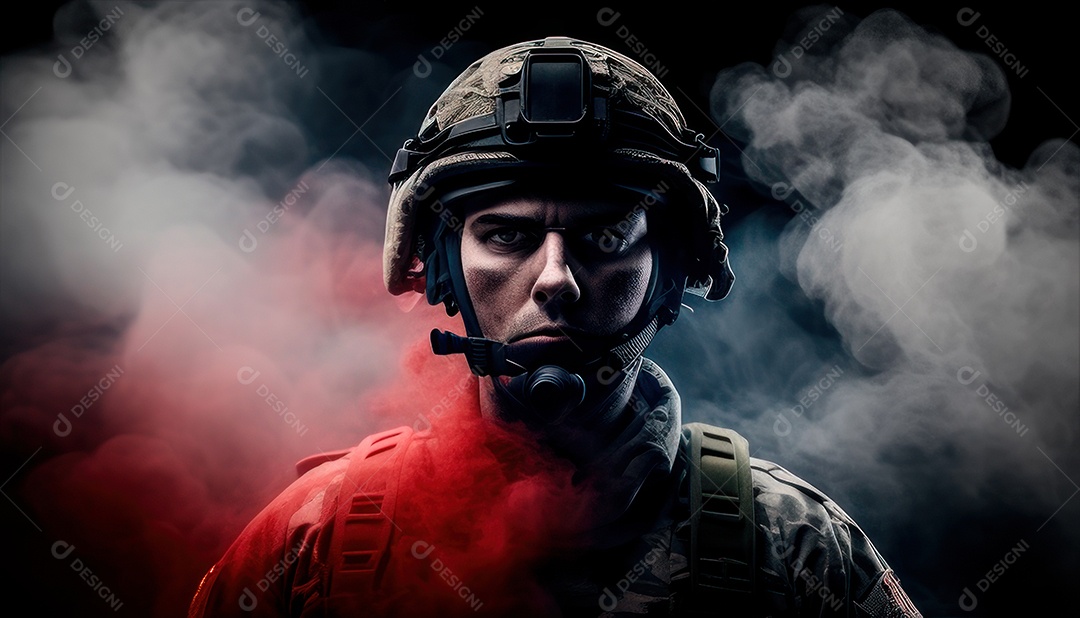 Jovem soldado usando máscara.