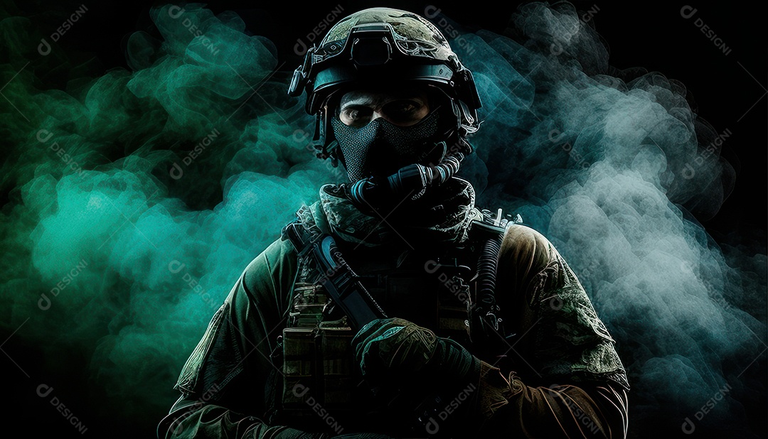 Jovem soldado usando máscara.