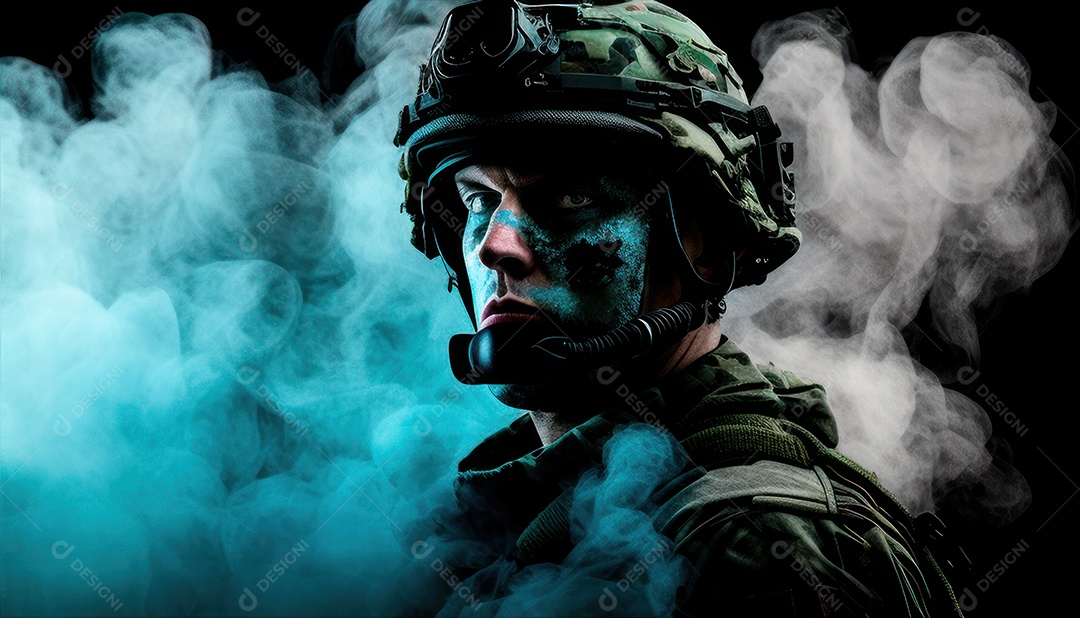 Jovem soldado usando máscara.