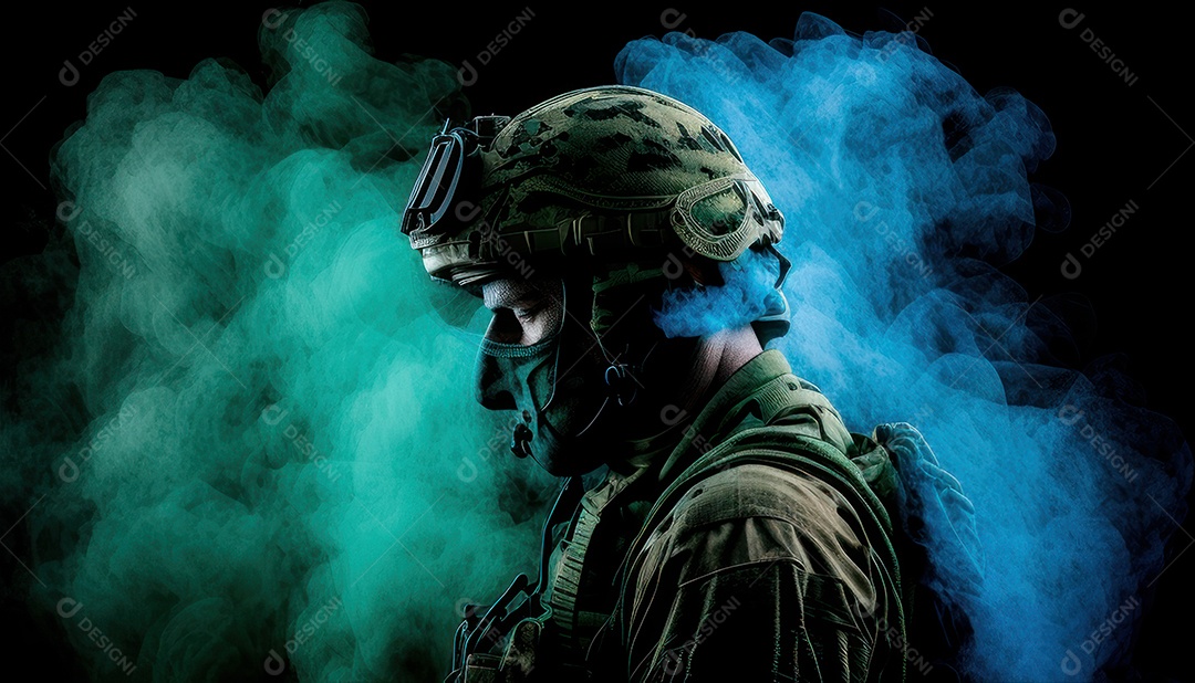 Jovem soldado usando máscara.