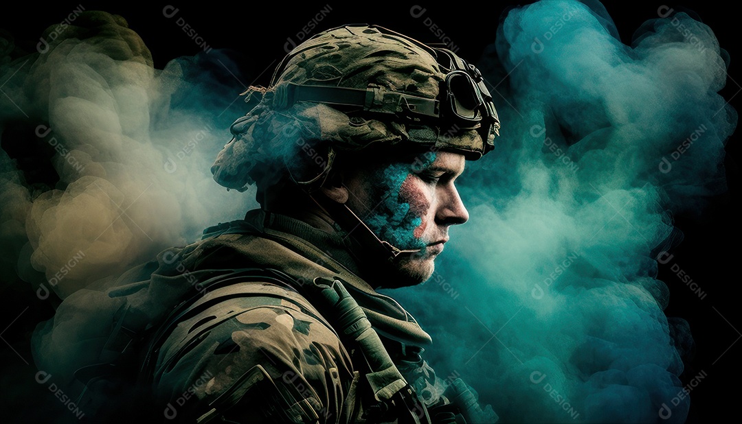 Jovem soldado usando máscara.