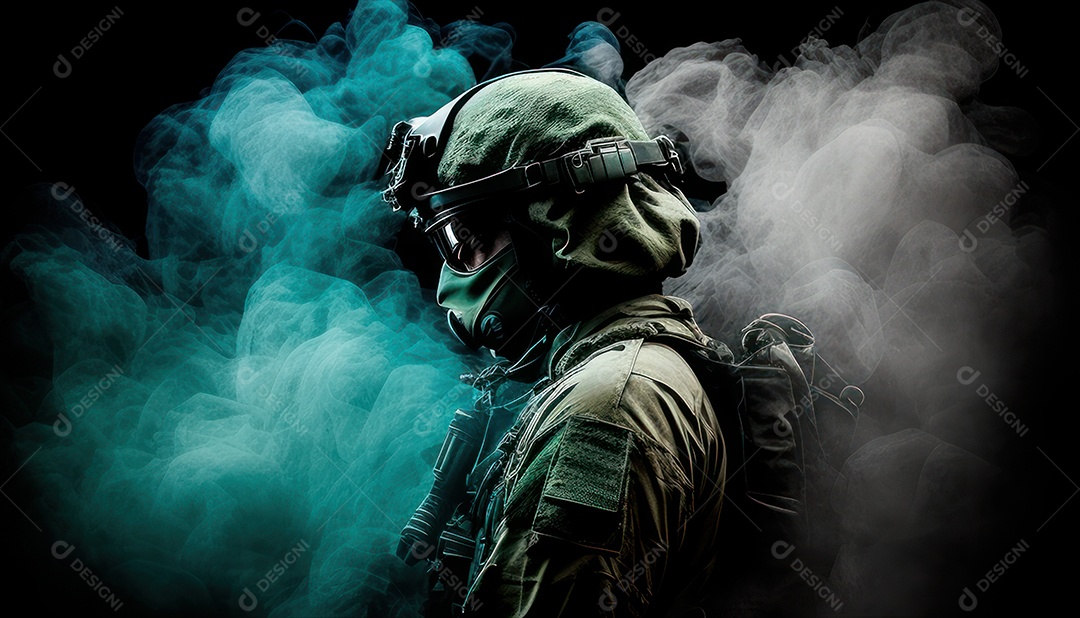 Jovem soldado usando máscara.