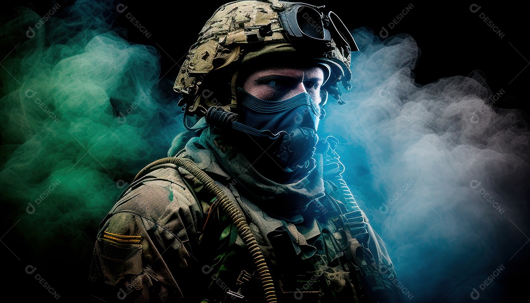 Jovem soldado usando máscara.