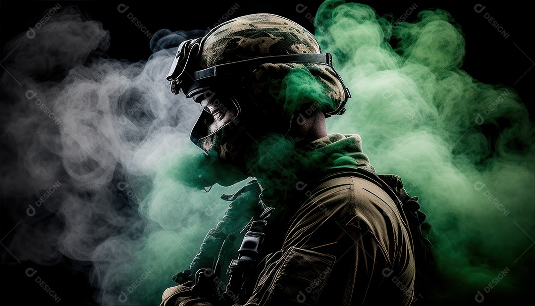 Jovem soldado usando máscara.