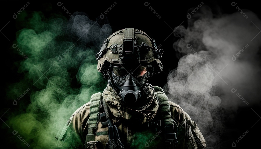 Jovem soldado usando máscara.