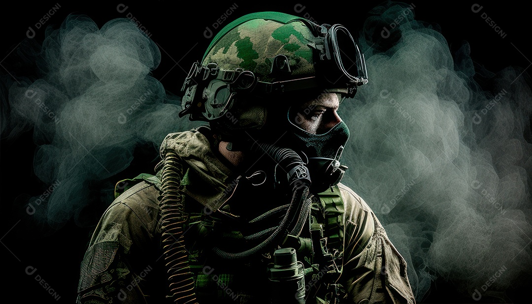 Jovem soldado usando máscara.