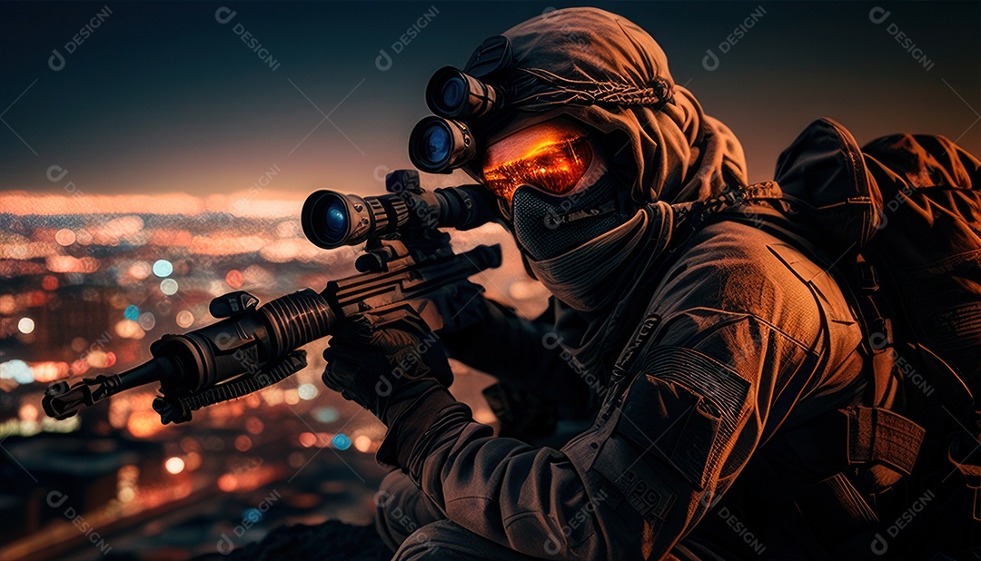 Jovem soldado usando máscara.