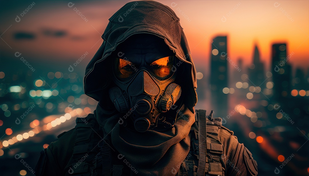 Jovem soldado usando mascara de oxigênio.