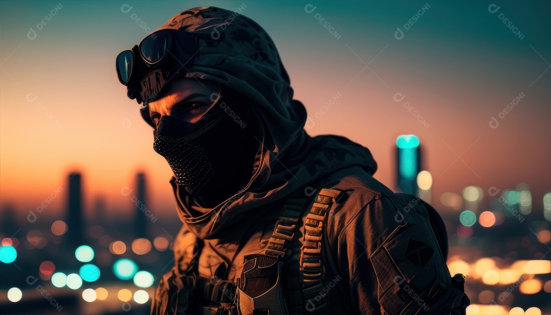 Jovem soldado usando mascara de oxigênio.