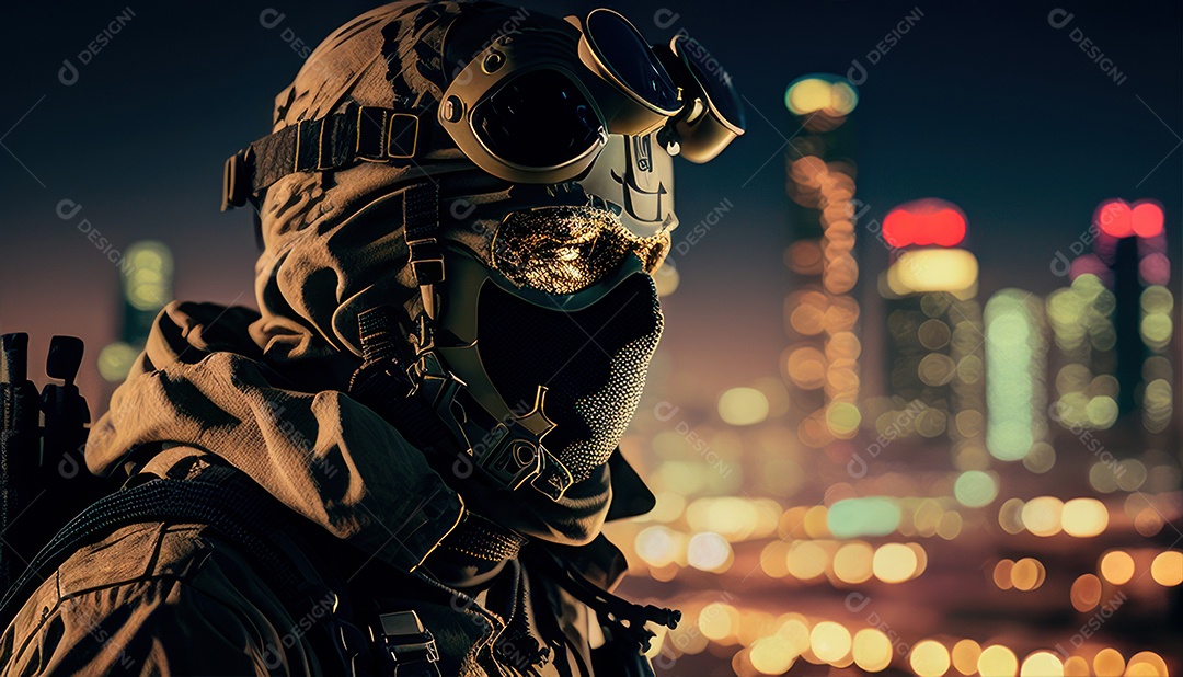 Jovem soldado usando mascara de oxigênio.