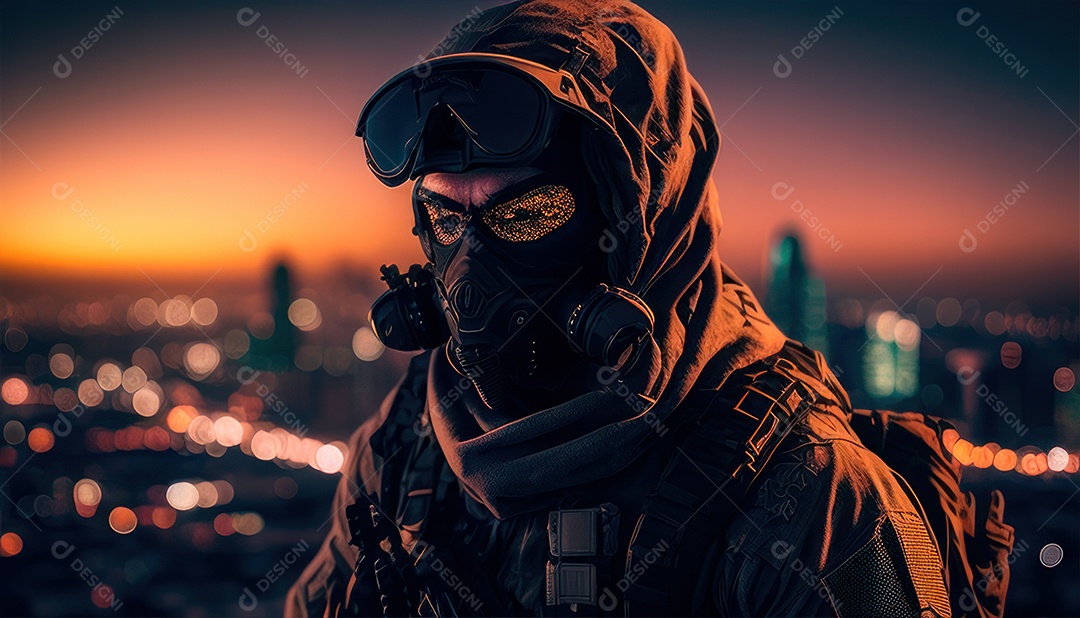 Jovem soldado usando mascara de oxigênio.