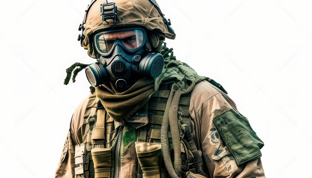 Jovem soldado usando máscara.