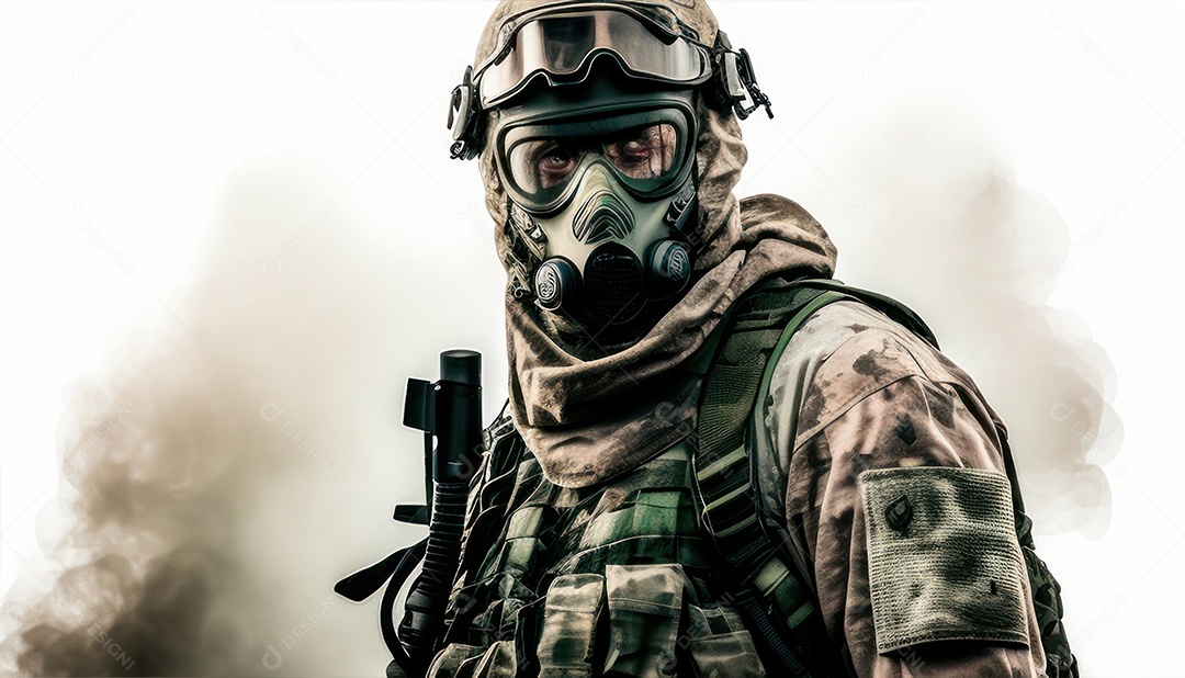 Jovem soldado usando máscara.