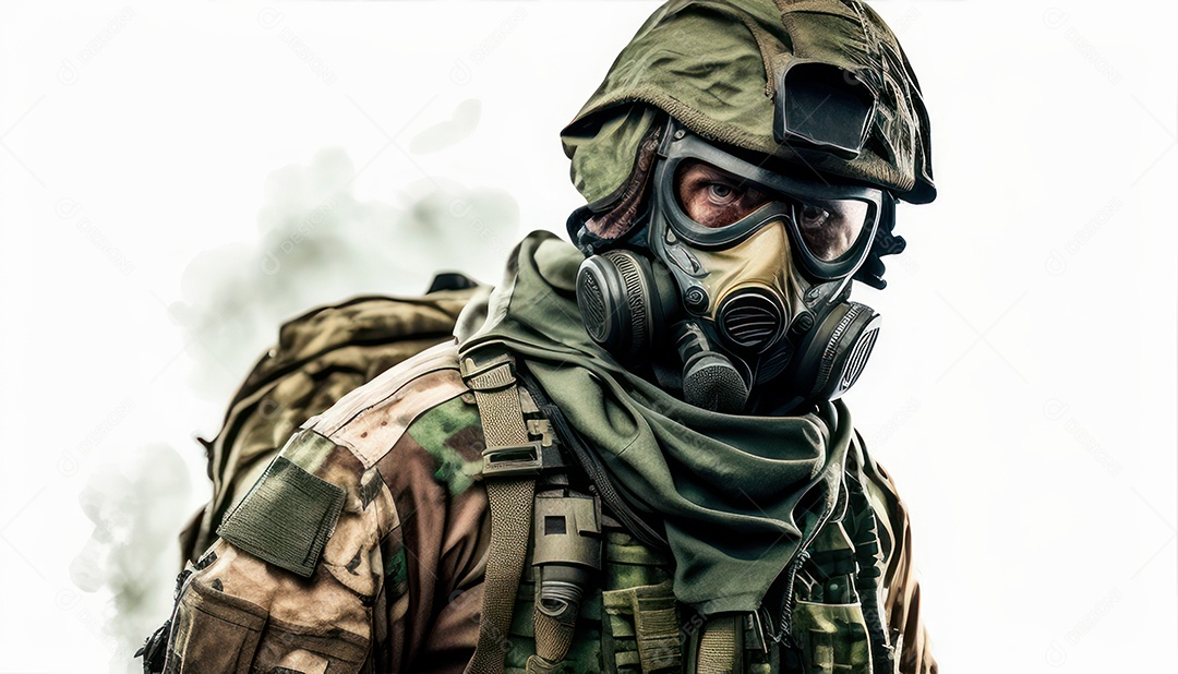 Jovem soldado usando máscara.