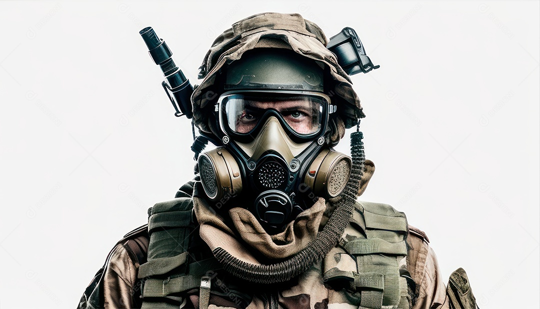 Jovem soldado usando máscara.