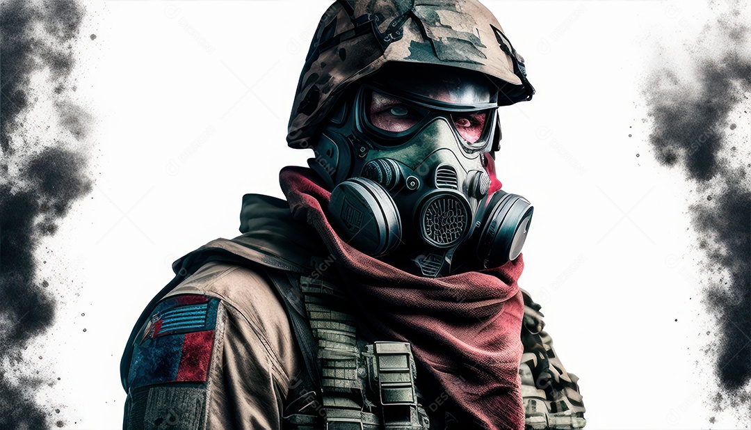 Jovem soldado usando máscara.