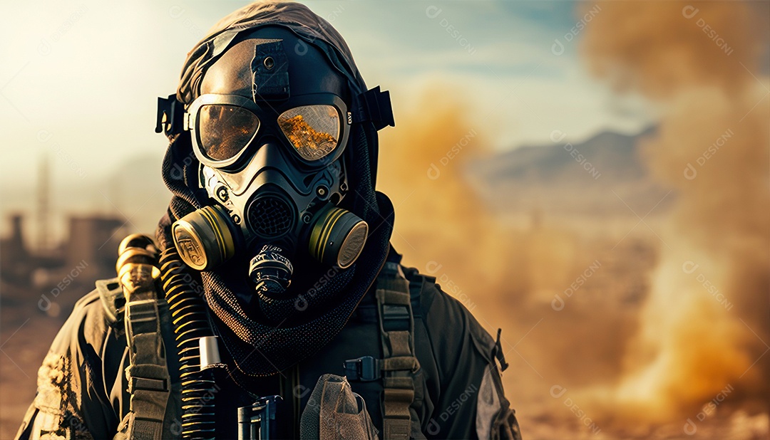 Jovem soldado usando máscara.