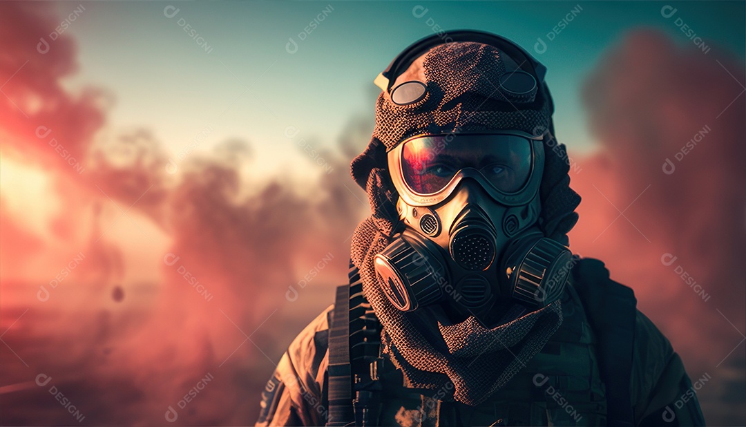 Jovem soldado usando máscara.