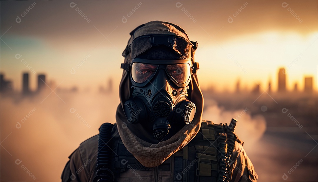 Jovem soldado usando máscara.