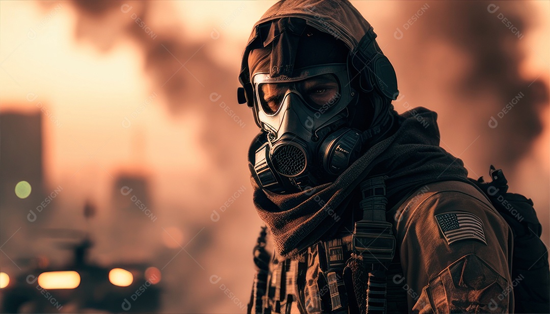 Jovem soldado usando máscara.