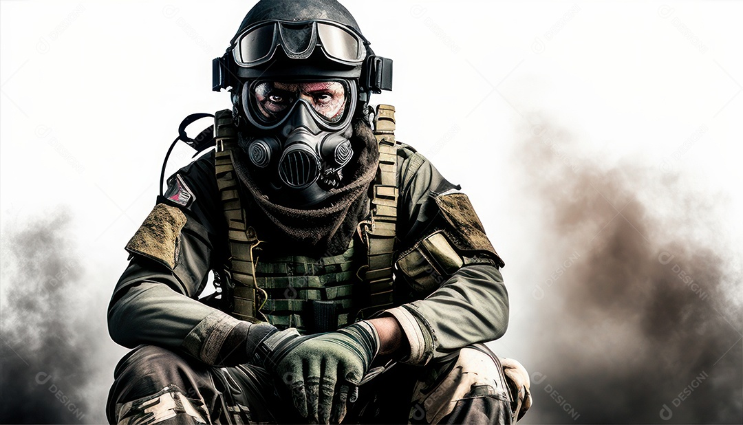 Jovem soldado usando máscara.