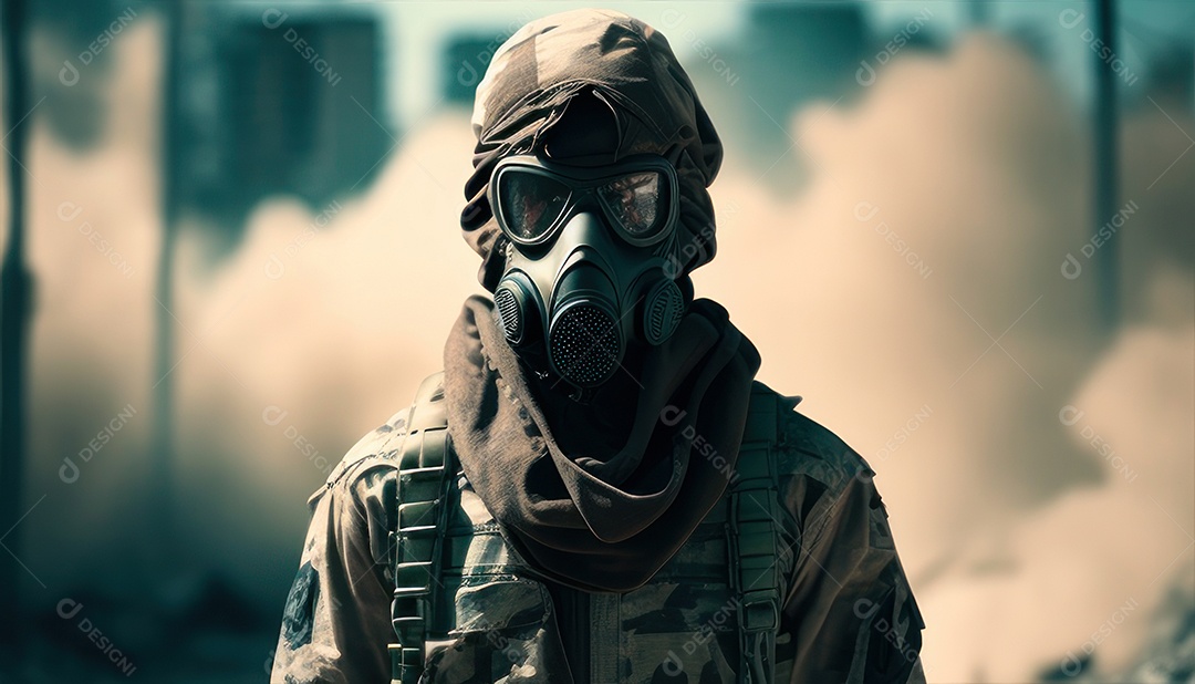 Jovem soldado usando máscara.