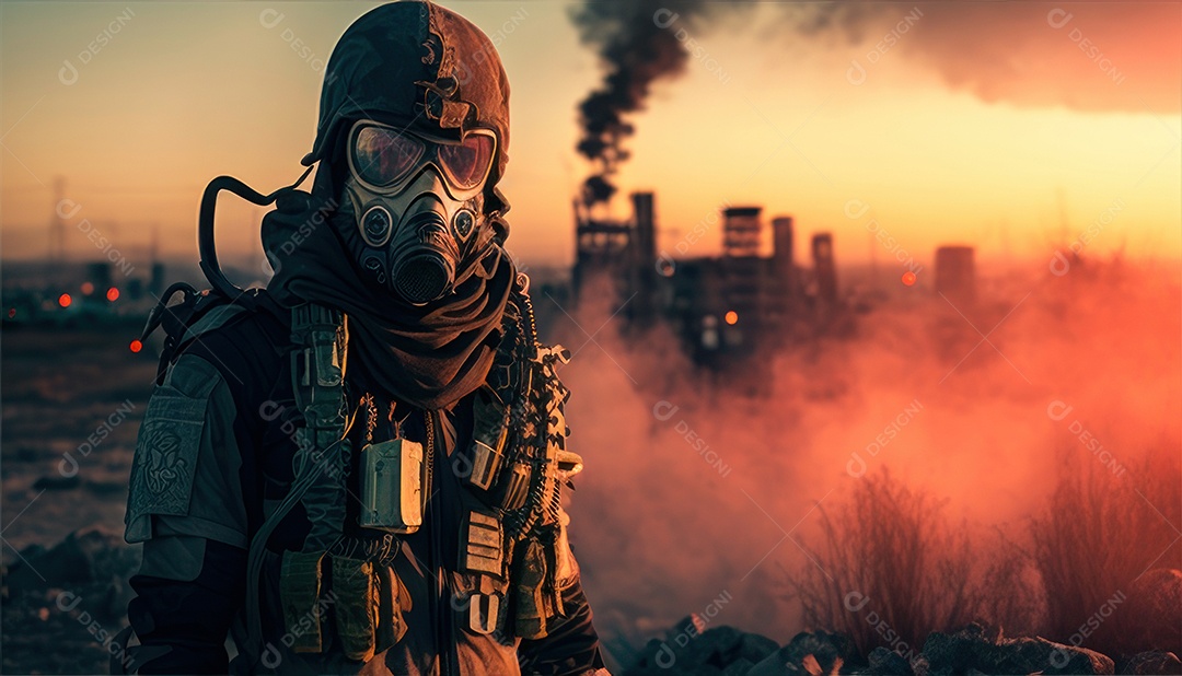 Jovem soldado usando máscara.