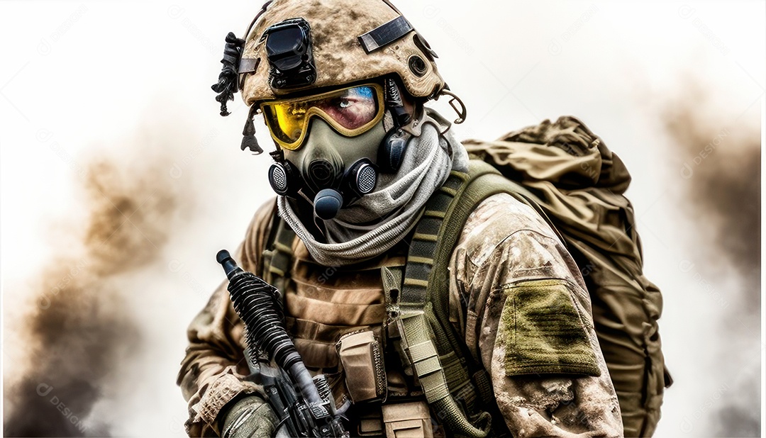 Jovem soldado usando máscara.