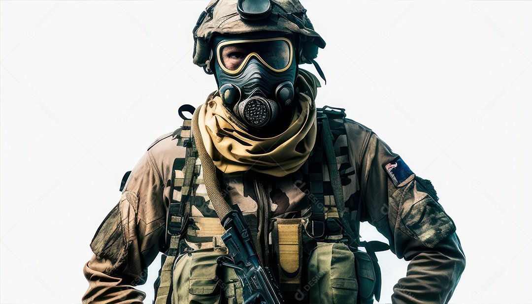 Jovem soldado usando máscara.