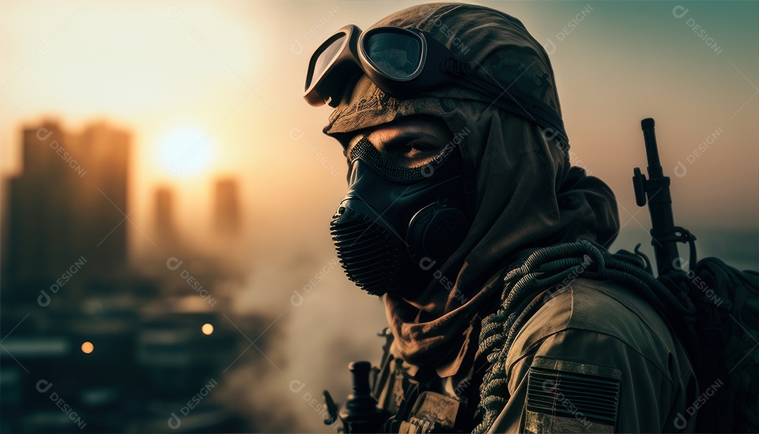 Jovem soldado usando máscara.