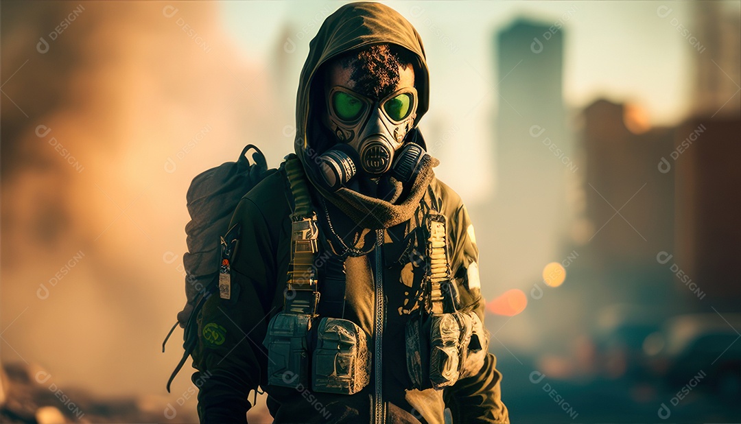 Jovem soldado usando máscara.